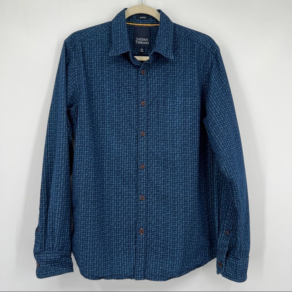 Indian Terrain Navy Blue Print Slim Fit Button Down Shirt Size Medium 40